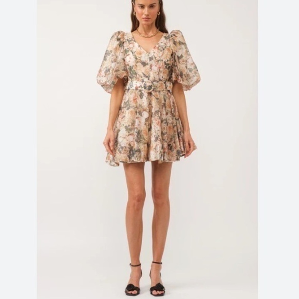Floral Puff-Sleeve V-Neck Mini Dress - Cream Blush